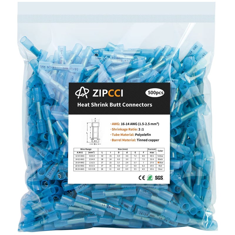 ZIPCCI 16-14 AWG Heat Shrink Butt Connectors - 500Pcs Blue Insulated Waterproof Electrical Marine Automotive Wire Splice Connector Crimp Wiring Terminals - Image 1